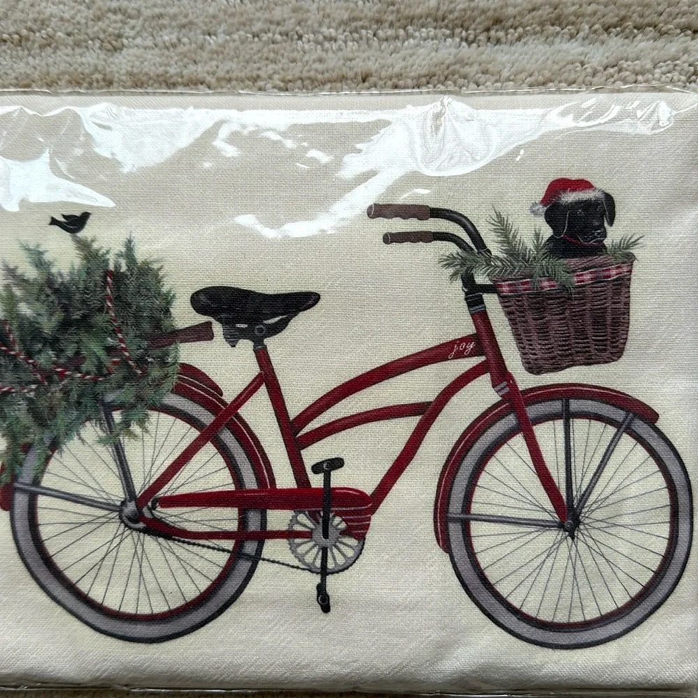 Mary Lake-Thompson Red Christmas Bike Black Labrador Dog Flour Sack Dish Towel